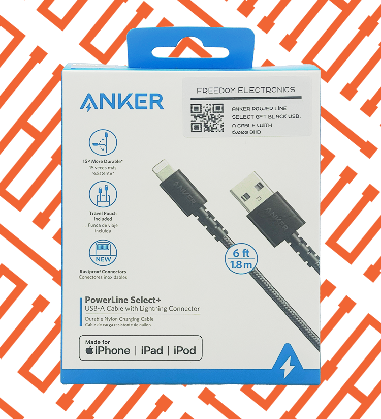 ANKER POWER LINE SELECT 6FT BLACK USB-A CABLE WITH LIGHTNING CONNECTOR