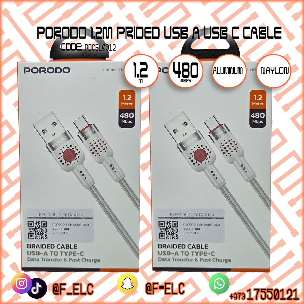 PORODO 1.2M USBA- USB TYPE-C PRIDED CABLE